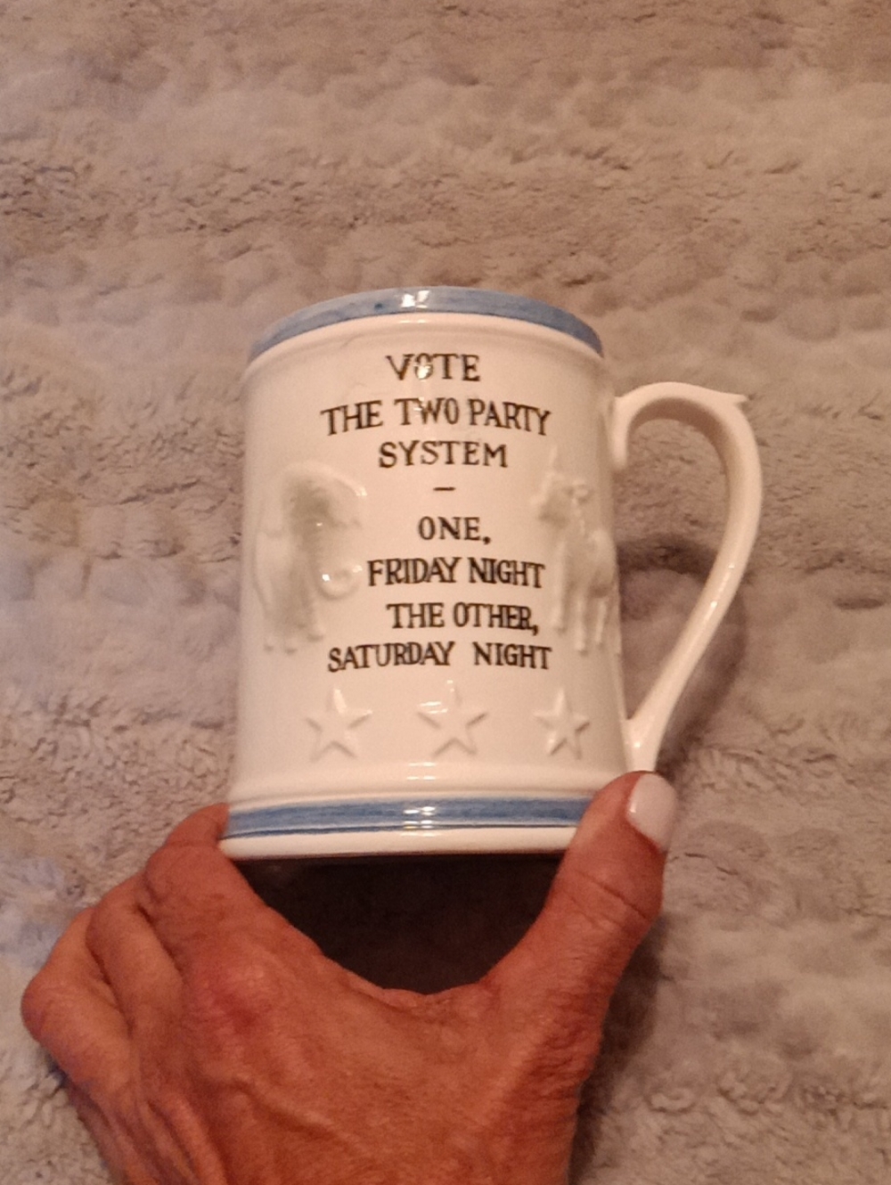 White and Light Blue Political Novelty Ceramic Mug - Unbranded